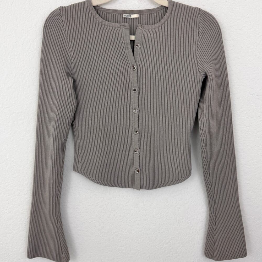 House Of CB Womens Sylvia Ribbed Knit Cardigan Size S Lounge Casual Taupe